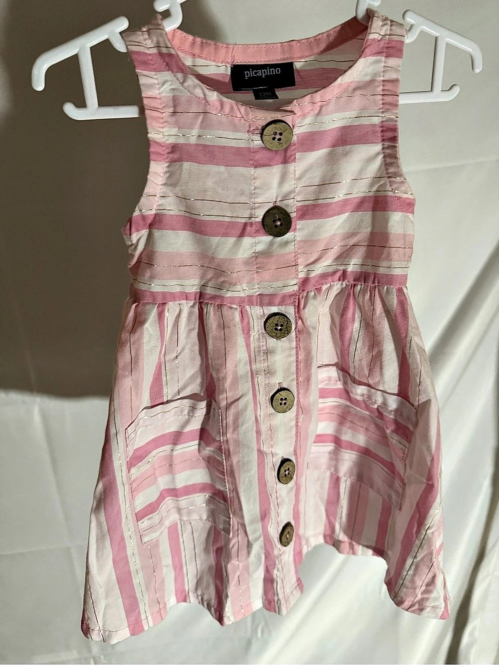 Picapino Baby Striped Dress in Pink & White 12M Like New